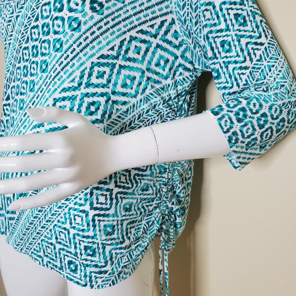 Ruby Red Women's Teal 3/4 Sleeve Jeweled Neckline Printed Top SZ PXL - Picture 7 of 8